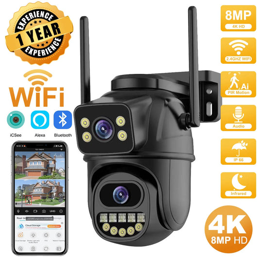 4K 8MP HD Wifi PTZ Camera Outdoor 4MP Dual Lens Dual Screen AI Auto Tracking IP Camera CCTV Audio Video Surveillance P2P iCSee TechElect