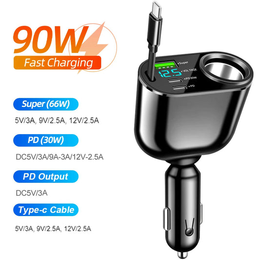 120/90/66W Car Charger Car Super Fast Charge Flash Charging, Telescopic Cable 4 in 1 Car Charger 2 USB Ports Adapter Compatible Techelectronicx