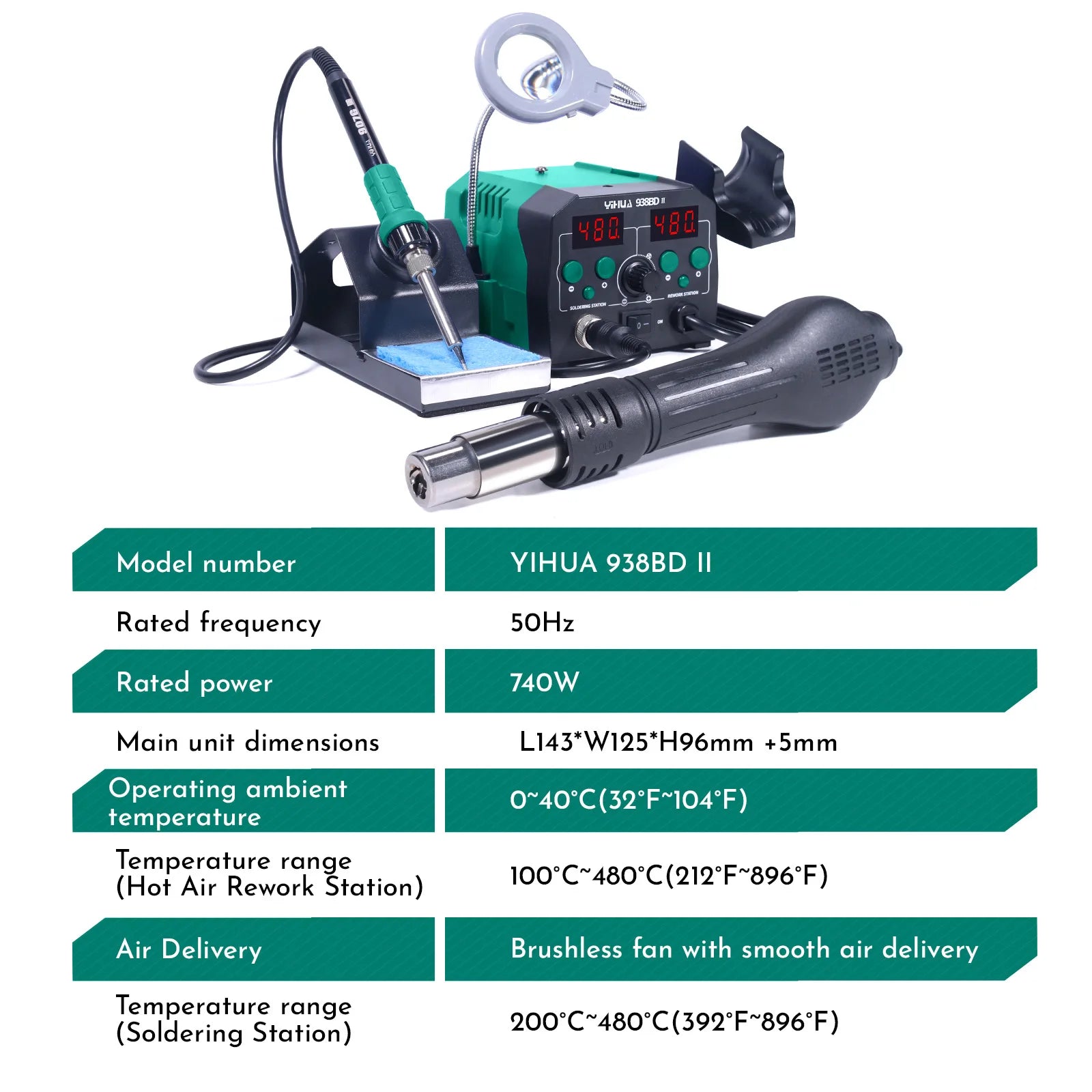 YIHUA 938BD-II 740W Hot Air Gun BGA Rework Station SMD Soldering Iron Desoldering Station LED Lamp Digtal Display Welding Tool TechElect