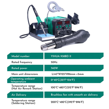 YIHUA 938BD-II 740W Hot Air Gun BGA Rework Station SMD Soldering Iron Desoldering Station LED Lamp Digtal Display Welding Tool TechElect