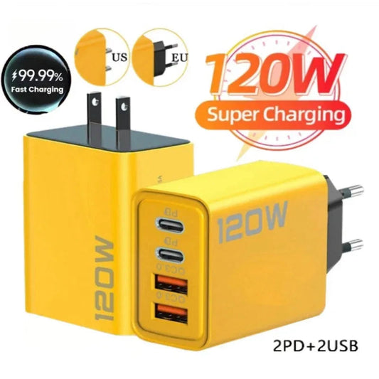 120W 3.0 USB fast phone charger type C quick charge charging adapter for iPhone 15 14 13 Samsung Xiaomi 2 PD 4 ports EU/US plug Techelectronicx