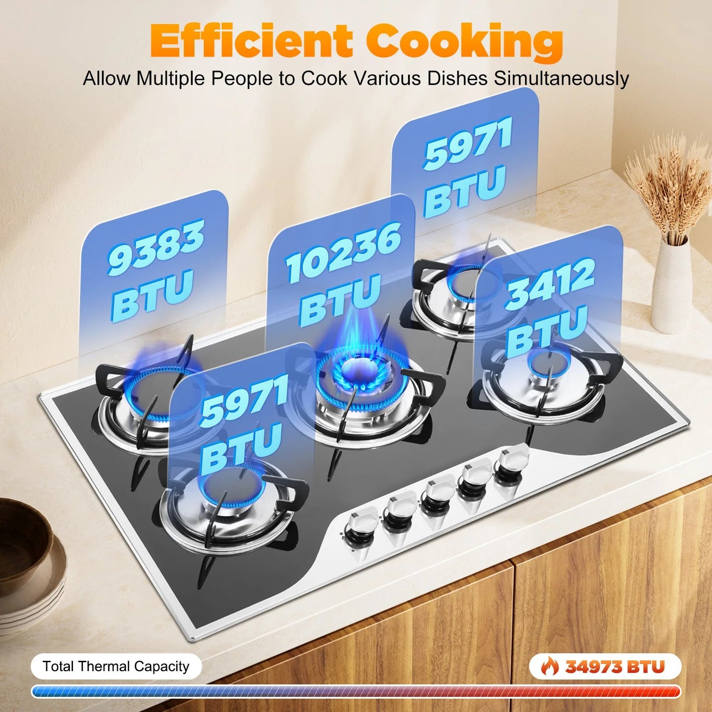 ﻿ ﻿ 5 Burner Gas Stove Glass 5-Burner Gas Hob Cooktop Hob LPG/NG for Home Commercial Kitchen Techelectronicx