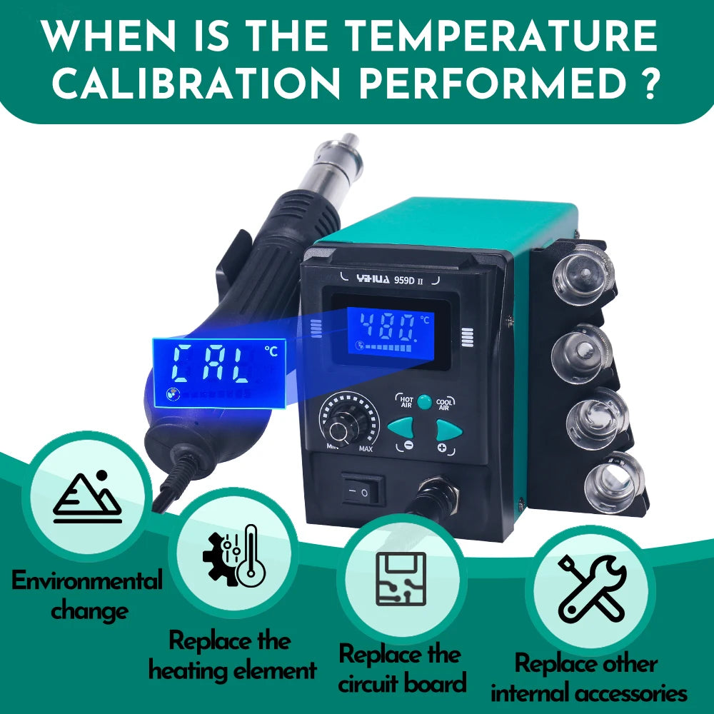YIHUA 959D-II 700W Rework Station with Easy Plug-pull Nozzles Hot Air Gun Welding Station Digital Temperature Calibration TechElect