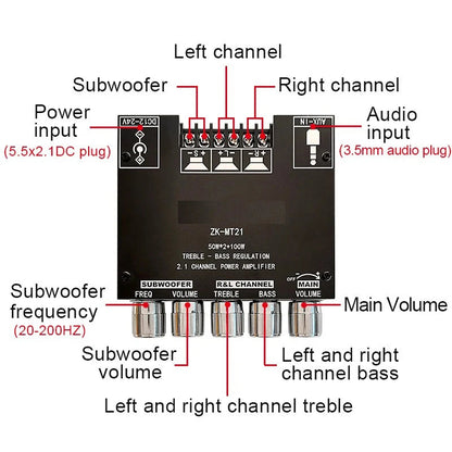 ZK-MT21 2*50W+100W Bluetooth 5.0 Power Subwoofer Amplifier Board 2.1 Channel Class D Home Theater Audio Stereo Equalizer Amp Techelectronicx