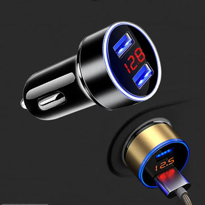 1/2pcs Car Charger, Cigarette Lighter, Smartphone Adapter, Phone Charger, Dual USB Digital Display, Voltmeter, Fast Charging Techelectronicx