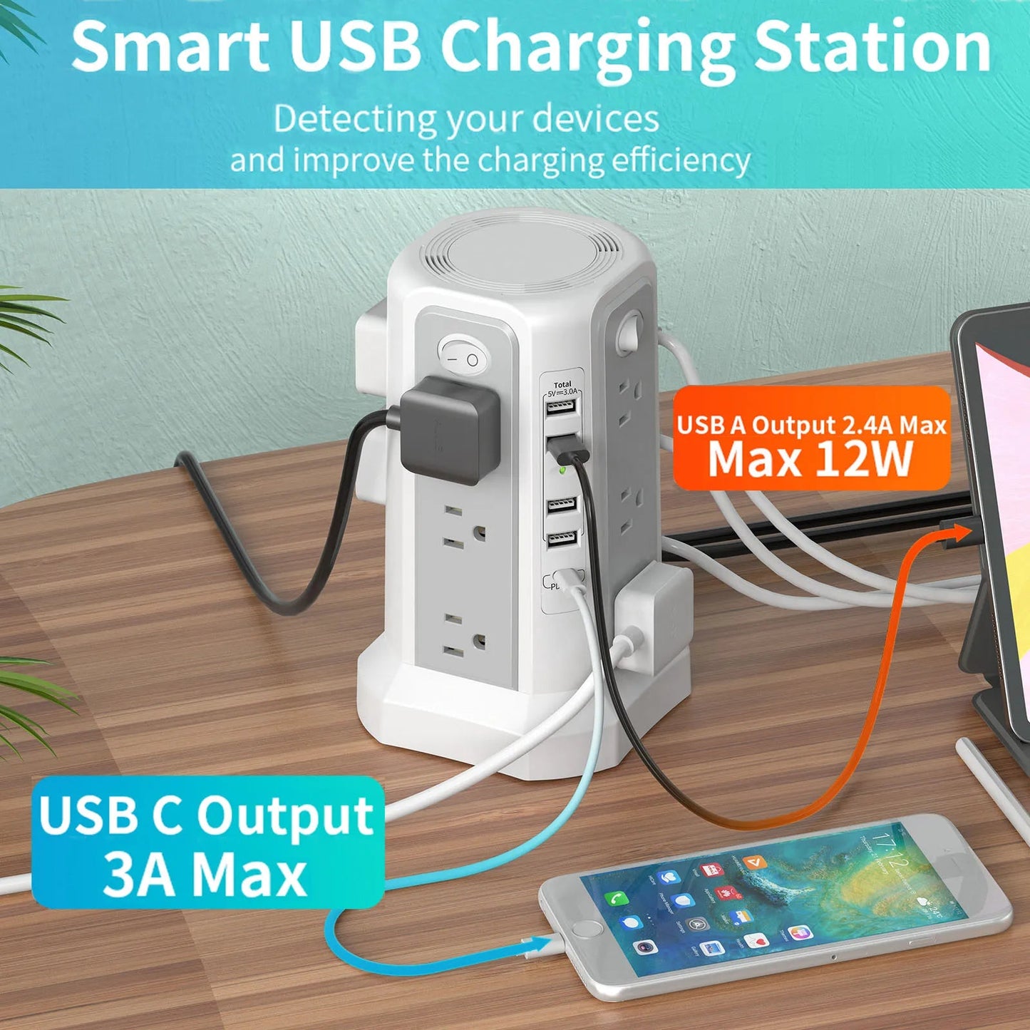 10FT Extension Cord with 12 AC Outlets 5 USB Charging Ports(1 USB C PD18W) PASSUS Surge Protector Power Strip Tower Techelectronicx