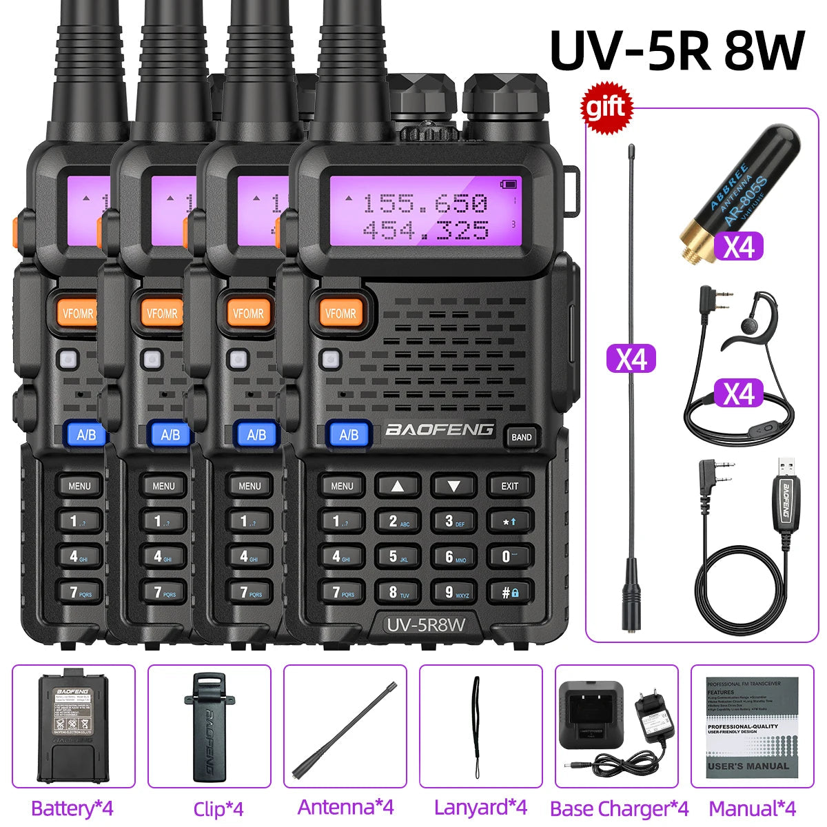 1/2/4 PCS Baofeng UV 5R 8W Walkie Talkie Dual Band VHF UHF Portable FM Amateur 1800mAh UV5R Two way Radio Ham Radio For Climb Techelectronicx