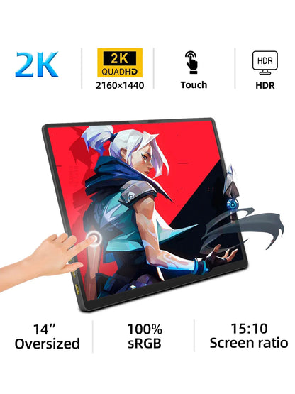 ZSUS 2160*1440  14-inch 2K Portable Monitor 60HZ For Laptop XBox PS4 / 5 Switch TV Box Cell Phone PC Extension  Mobile Techelectronicx