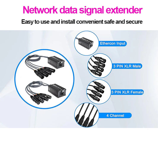 0.7M 4-channel XLR network extenderwith 300meter Ethernet cable extension for DMX stage lighting audio signal transmission Techelectronicx