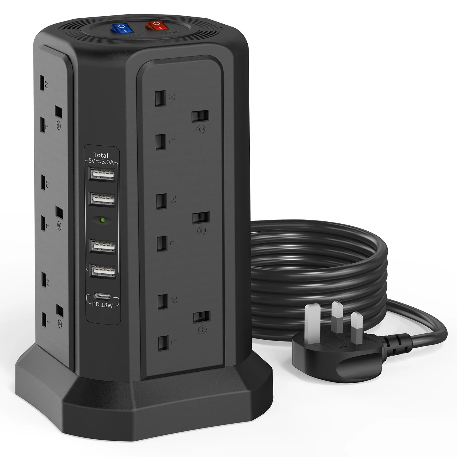 1.8M Cable Tower Extension Lead with USB Slots with 18W USB C Fast Charger(5V/3.1A), 12 Way Plug Extension Tower Techelectronicx