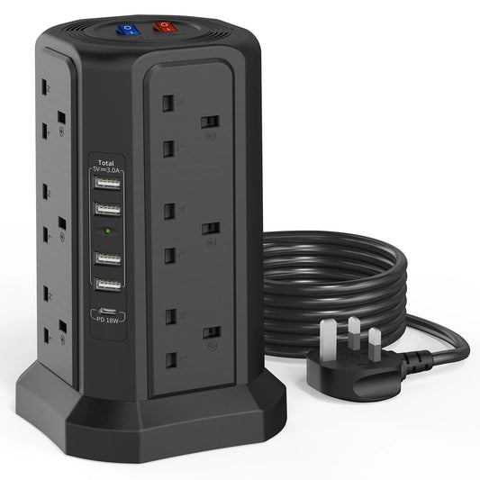 1.8M Cable Tower Extension Lead with USB Slots with 18W USB C Fast Charger(5V/3.1A), 12 Way Plug Extension Tower Techelectronicx