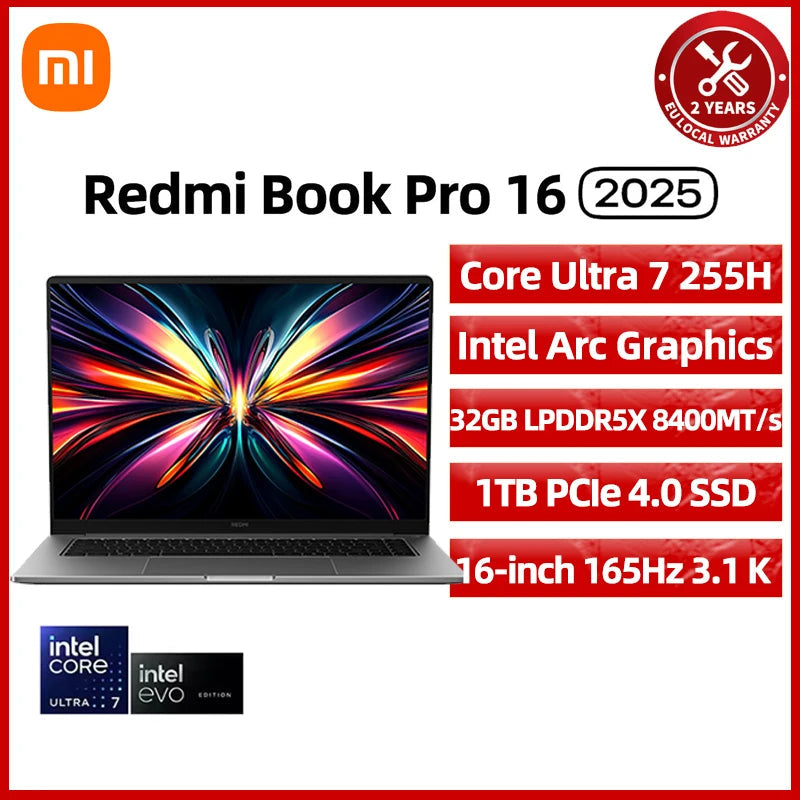 Xiaomi REDMI Book Pro 16 2025 Laptop Ultra 7 255H/Ultra 5225H Intel Arc Graphics 32GB LPDDR5X 1T SSD 16-inch 165 Hz 3.1K Screen Techelectronicx