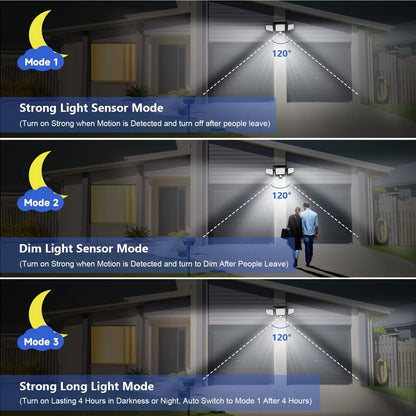 (5/4/3/2/1PCS)IP65Waterproof 3Heads Solar Outdoor Light, 210LED 2500LM Motion Sensor Security Light with Wireless Remote Control Techelectronicx