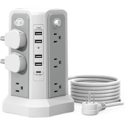 10FT Extension Cord with 12 AC Outlets 5 USB Charging Ports(1 USB C PD18W) PASSUS Surge Protector Power Strip Tower Techelectronicx