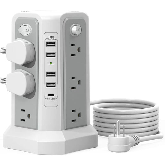 10FT Extension Cord with 12 AC Outlets 5 USB Charging Ports(1 USB C PD18W) PASSUS Surge Protector Power Strip Tower Techelectronicx