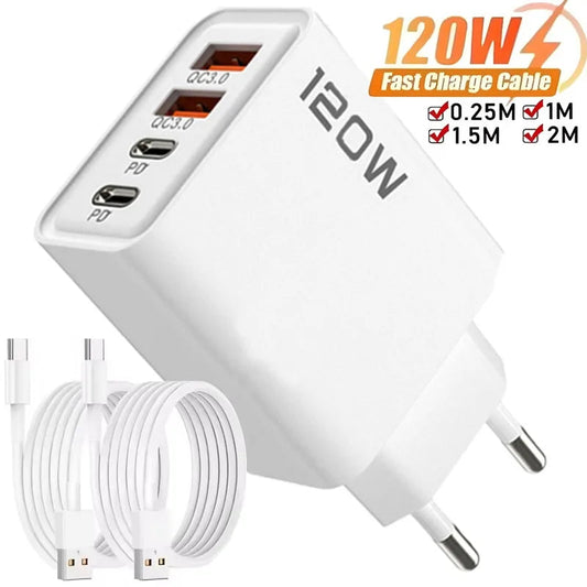 120W 4 Port USB Type C Charger Fast Charging Data Cable USB Phone Charger Adapter for Samsung IPhone Xiaomi Huawei Wall Charger Techelectronicx