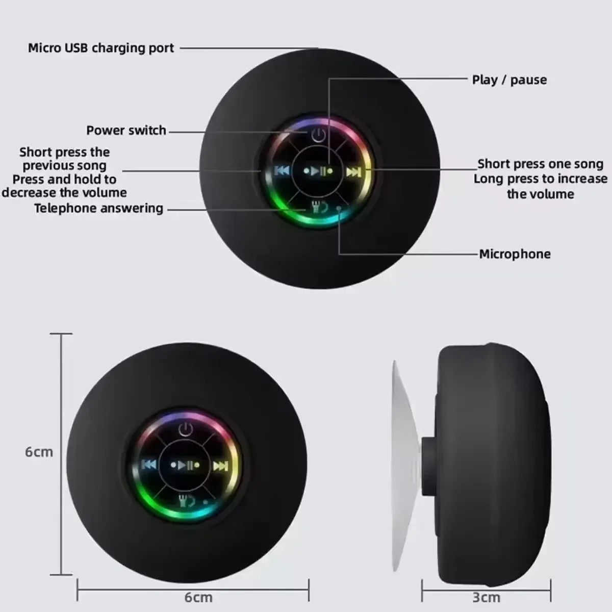 XIKCU Bathroom Waterproof Wireless LED Bluetooth Speaker Large Suction Cup Mini Portable Speaker Outdoor Sports Stereo Speaker Techelectronicx