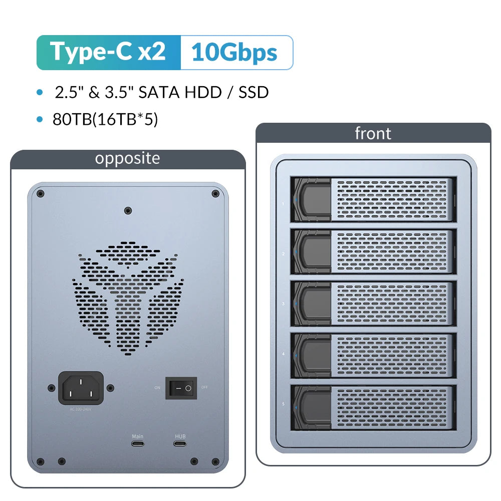 [FS5C3] Yottamaster 10Gbps 5-slot USB C HDD Enclosure Daisy-chained Type C External HDD Enclosure Support 2.5"/3.5" SATA HDD SSD TechElect