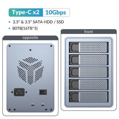 [FS5C3] Yottamaster 10Gbps 5-slot USB C HDD Enclosure Daisy-chained Type C External HDD Enclosure Support 2.5"/3.5" SATA HDD SSD TechElect