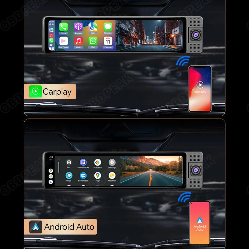 11.26 Inch 3 Camera Recording Android Auto Carplay Wireless Connection 2.5K Recording Wifi Mirror Car DVRs Touch Screen Car Dash Techelectronicx