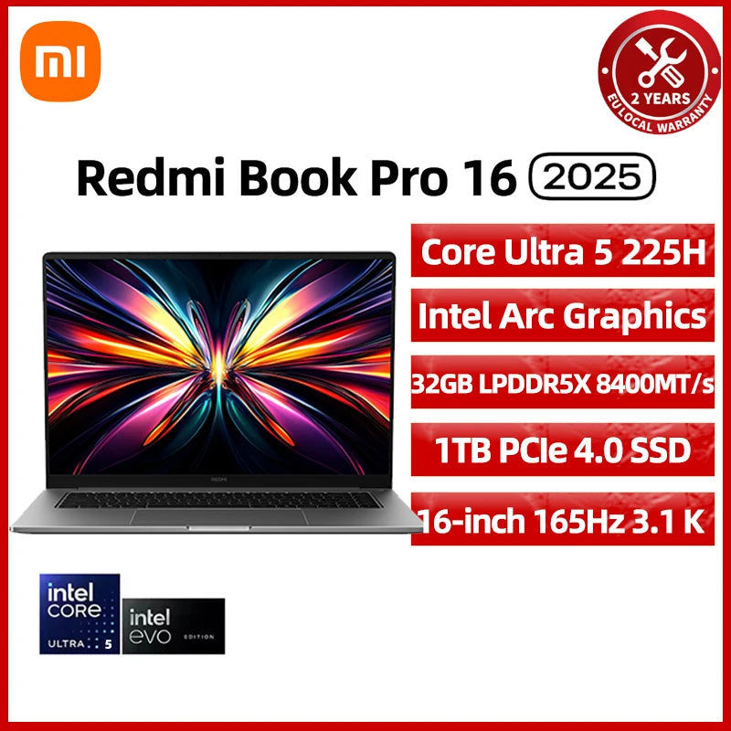 Xiaomi REDMI Book Pro 16 2025 Laptop Ultra 7 255H/Ultra 5225H Intel Arc Graphics 32GB LPDDR5X 1T SSD 16-inch 165 Hz 3.1K Screen Techelectronicx