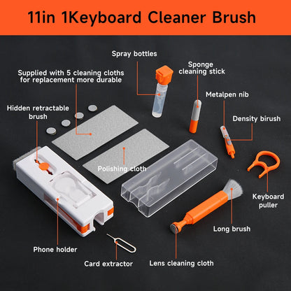 11-in-1 Computer Cleaning Kit Bluetooth Earphone Cleaner Pen Keyborad Camera Brush Sim Card Ejector Keycap Puller Phone Holder TechElect