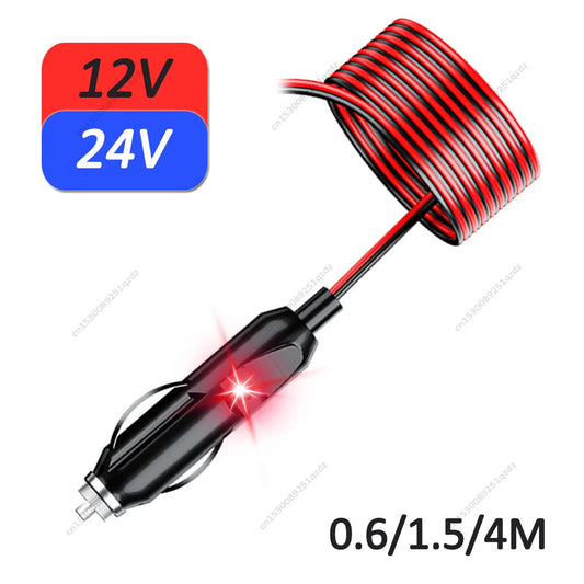 12/24V Auto 15A Male Car Cigarette Lighter Socket Plug Connector Adapter Safe with LED Indicator Light,0.6/1.5/4M Cable Long Techelectronicx