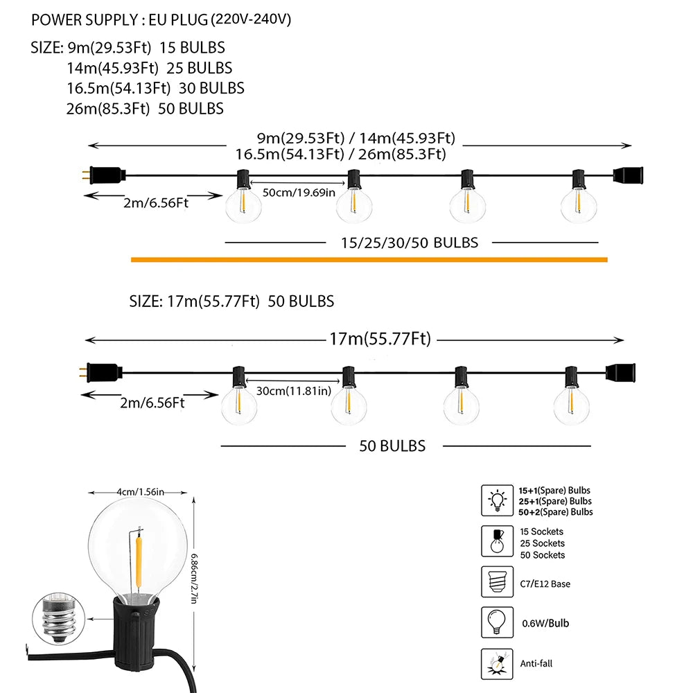 110V/220V Outdoor String Lights LED G40 Festoon Fairy Patio Garland Lamp Wedding Street Camping Garden Party Decoration Lights Techelectronicx