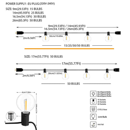 110V/220V Outdoor String Lights LED G40 Festoon Fairy Patio Garland Lamp Wedding Street Camping Garden Party Decoration Lights Techelectronicx