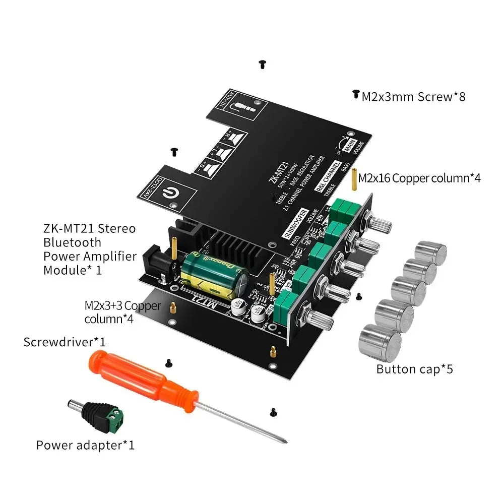 ZK-MT21 Digital Power Amplifier Board 2x50W+100W 2.1 Channel Subwoofer AUX 12V 24V Audio Stereo Bluetooth 5.0 Bass Amplifier Techelectronicx