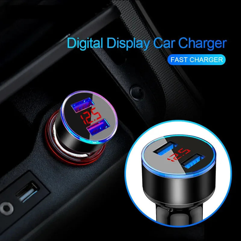 1/2pcs Car Charger, Cigarette Lighter, Smartphone Adapter, Phone Charger, Dual USB Digital Display, Voltmeter, Fast Charging Techelectronicx