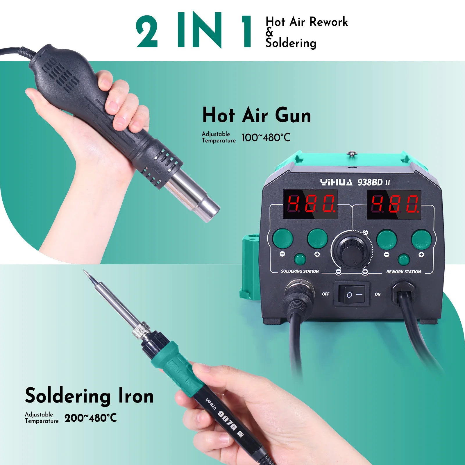 YIHUA 938BD-II 740W Hot Air Gun BGA Rework Station SMD Soldering Iron Desoldering Station LED Lamp Digtal Display Welding Tool TechElect
