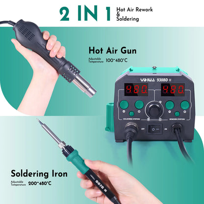 YIHUA 938BD-II 740W Hot Air Gun BGA Rework Station SMD Soldering Iron Desoldering Station LED Lamp Digtal Display Welding Tool TechElect