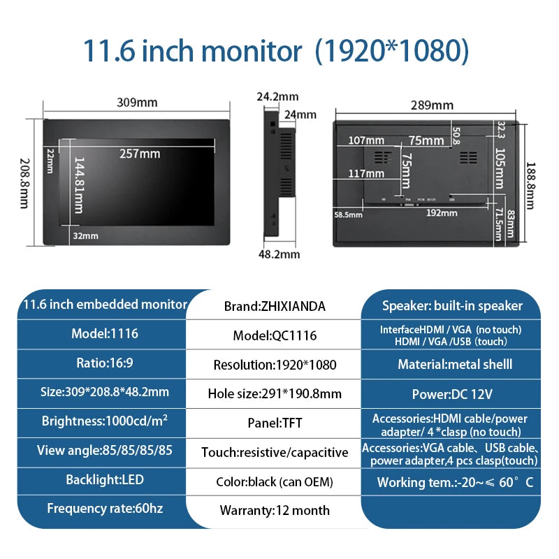 Zhixianda 1000 Nits 11.6 Inch 1920*1080 Industrial Panel Mount Monitor HDMI VGA LCD Capacitive Touch Screen Embedded Display Techelectronicx
