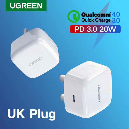 【UK Plug】UGREEN Quick Charge 4.0 3.0 QC PD Charger 20W USB Type C Fast Charger for iPhone 15 14 13 Pro Xiaomi Phone PD Charger Techelectronicx