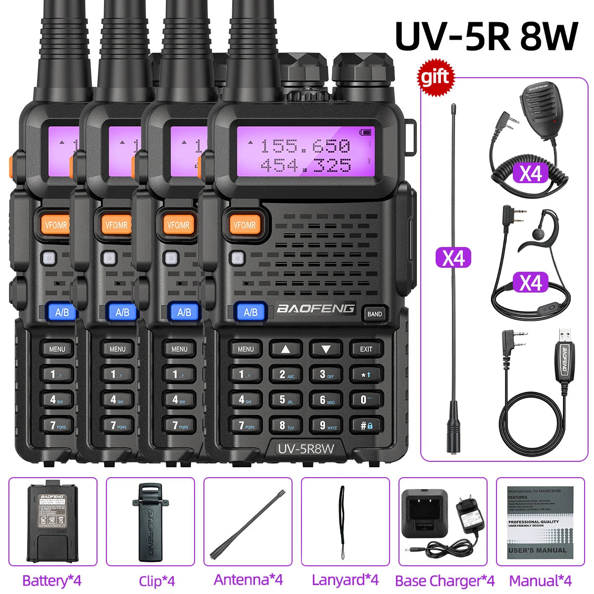 1/2/4 PCS Baofeng UV 5R 8W Walkie Talkie Dual Band VHF UHF Portable FM Amateur 1800mAh UV5R Two way Radio Ham Radio For Climb Techelectronicx