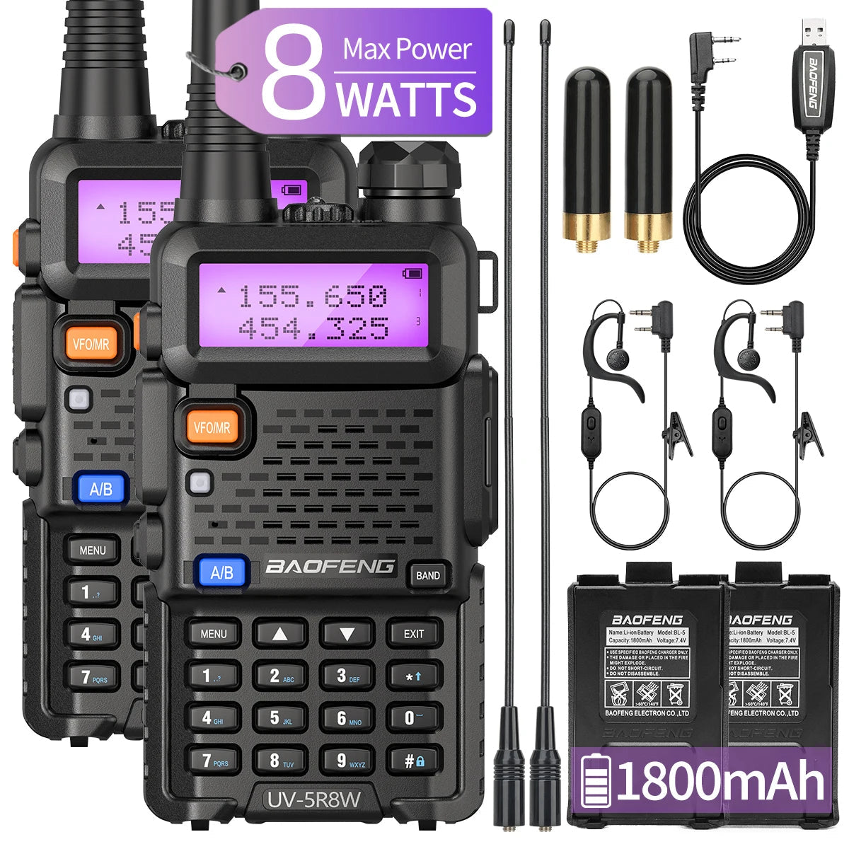 1/2/4 PCS Baofeng UV 5R 8W Walkie Talkie Dual Band VHF UHF Portable FM Amateur 1800mAh UV5R Two way Radio Ham Radio For Climb Techelectronicx