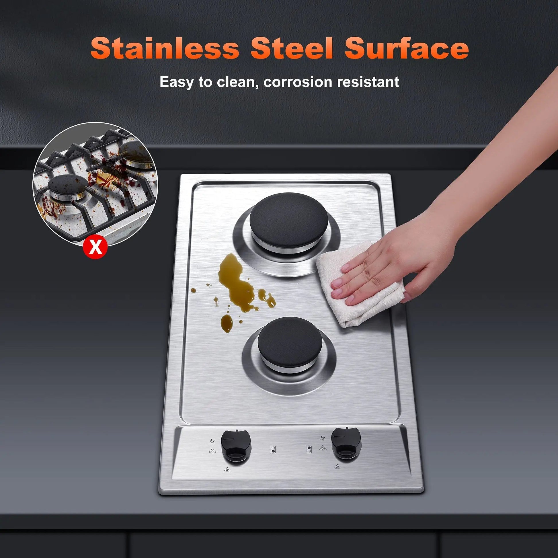 12 Inch 2-Burner Dual Fuel NG/LPG Gas Stove | Built-in for RV, Camping & Kitchen | Thermocouple Protection | Stainless Steel Techelectronicx