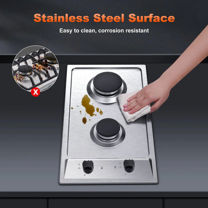 12 Inch 2-Burner Dual Fuel NG/LPG Gas Stove | Built-in for RV, Camping & Kitchen | Thermocouple Protection | Stainless Steel Techelectronicx
