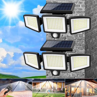 (5/4/3/2/1PCS)IP65Waterproof 3Heads Solar Outdoor Light, 210LED 2500LM Motion Sensor Security Light with Wireless Remote Control Techelectronicx