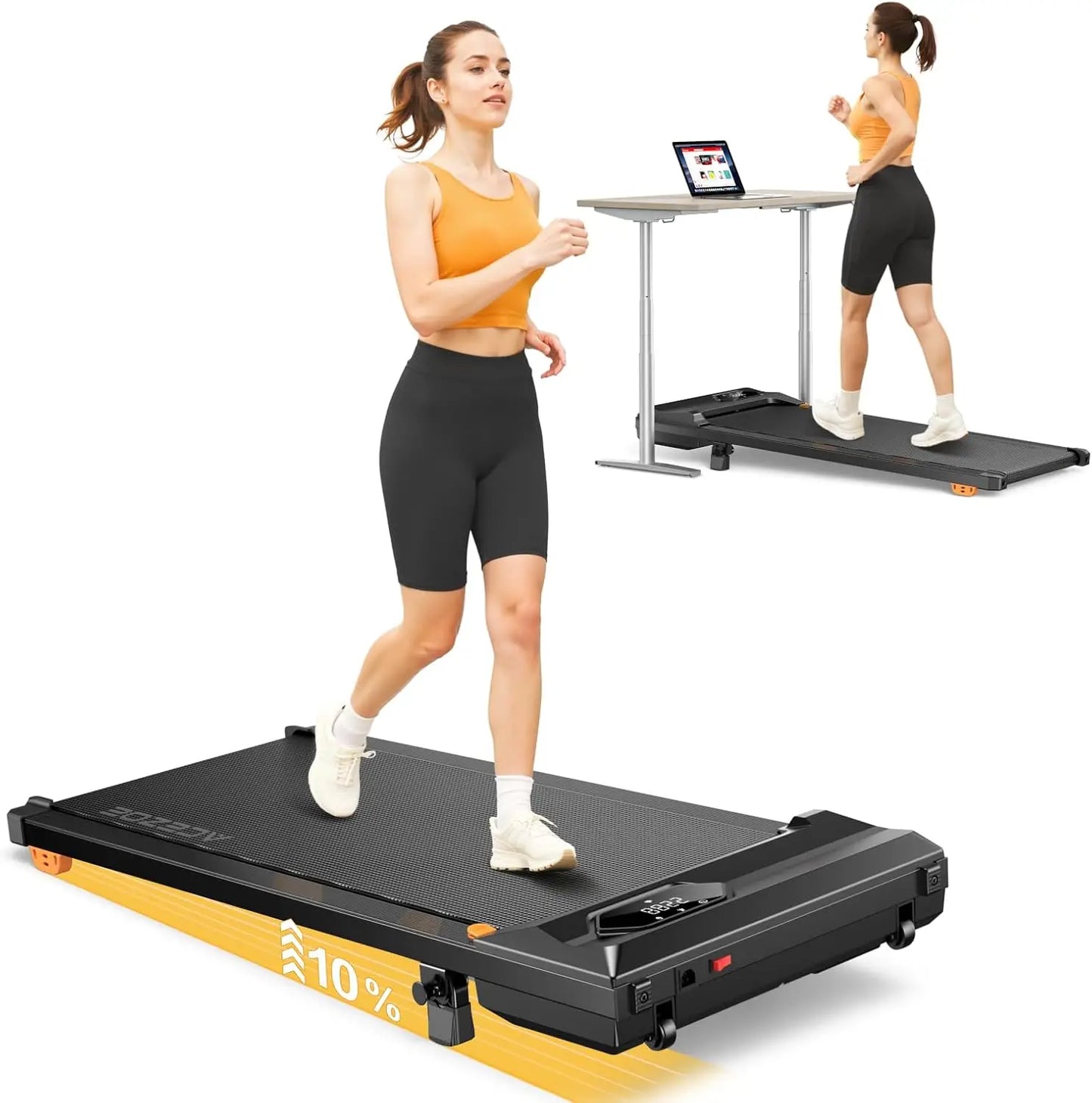Walking Pad Treadmill with 10% Incline, Under Desk Treadmill, Compact Portable Treadmills for Home Office, 285lbs Capacity, APP/ TechElect