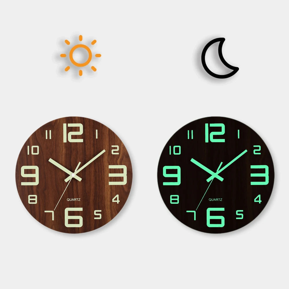 12 Inch Wooden Wall Clock with Soft Glow Night Light Nordic Fashion Silent NonTicking for Bedroom Techelectronicx