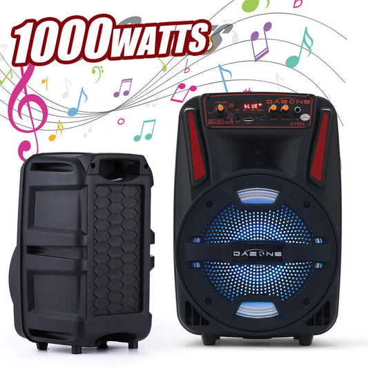 1000W Portable Bluetooth Speaker 8" Subwoofer Heavy Bass Sound System Party With Remote and Mic Led Light DJ karaoke Speaker Techelectronicx