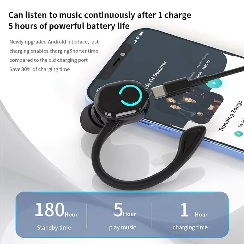 Bluetooth 5.2 Business Wireless Headphone Ear-Hook Mini HIFI Bass Noise Cancelling Earphone With Mic Sport Game Headset - TechElect