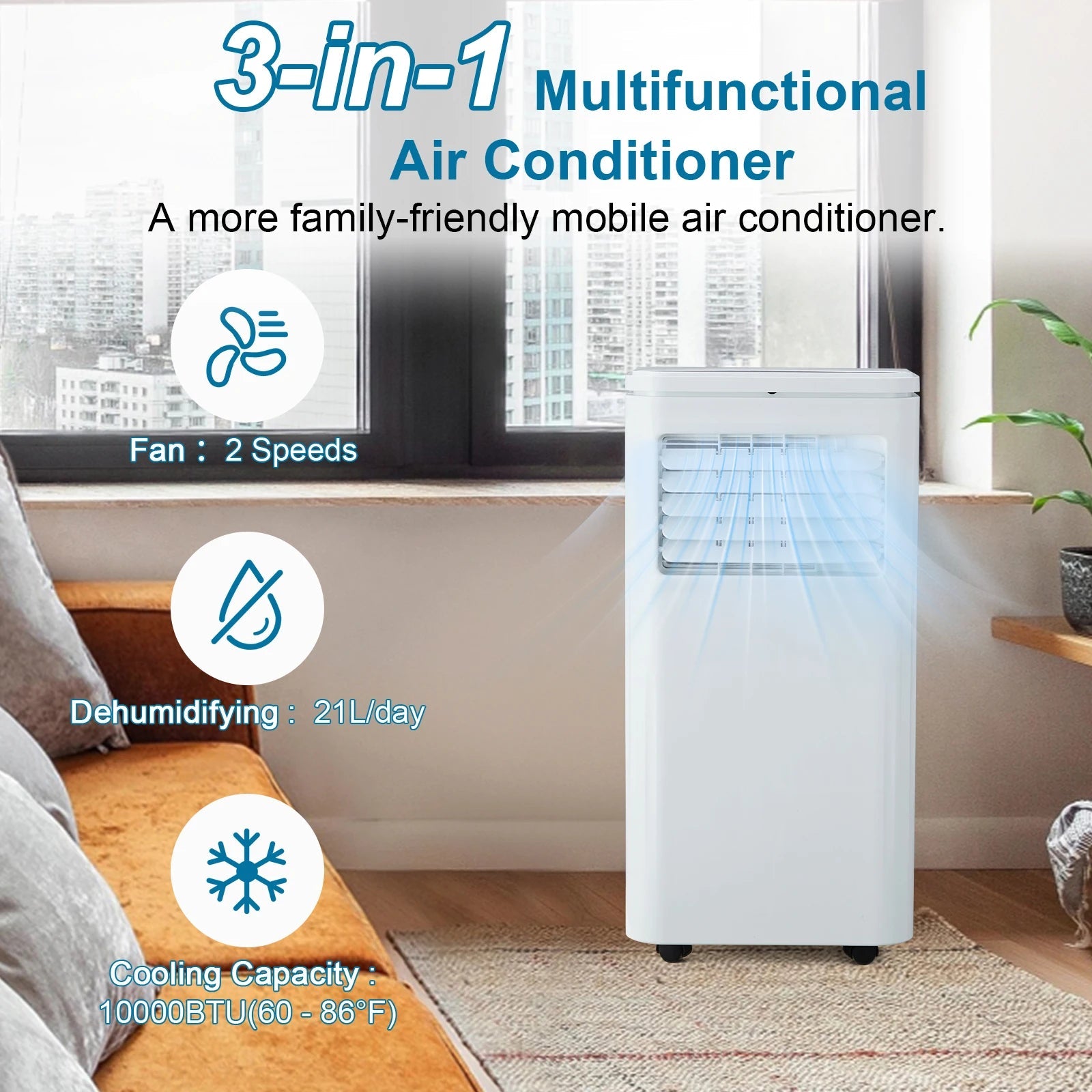 10000 BTU Portable Air Conditioners 3 in 1 Portable AC Unit with Fan & Dehumidifier Remote Control LCD Display, 24H Timer Techelectronicx
