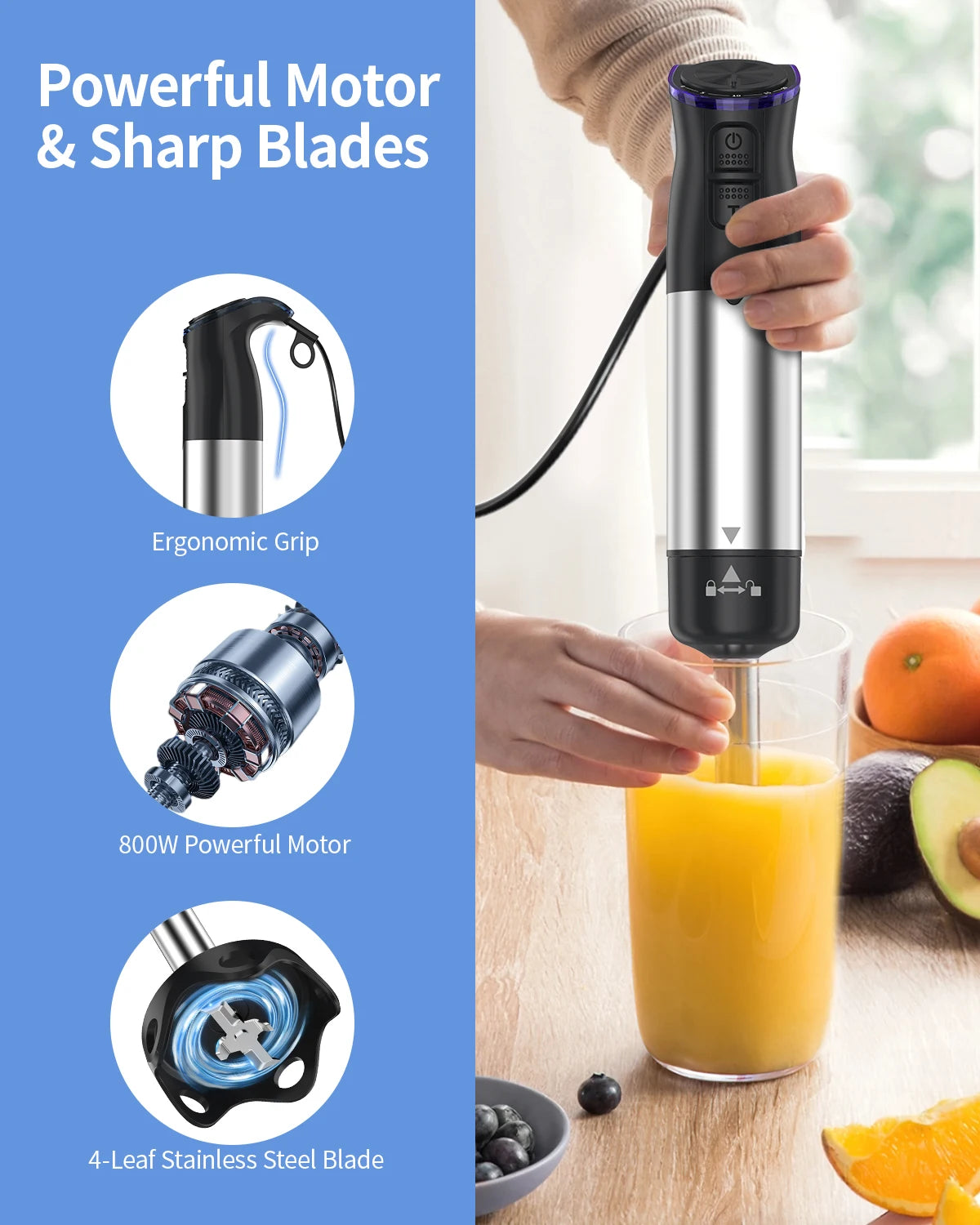 1000W Electric Immersion Handheld Blender, 5 in 1 Kitchen Hand Blender for soups, smoothies, purees and baby food. TechElect