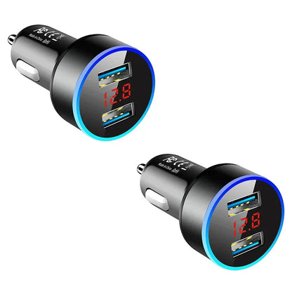 1/2pcs Car Charger, Cigarette Lighter, Smartphone Adapter, Phone Charger, Dual USB Digital Display, Voltmeter, Fast Charging Techelectronicx