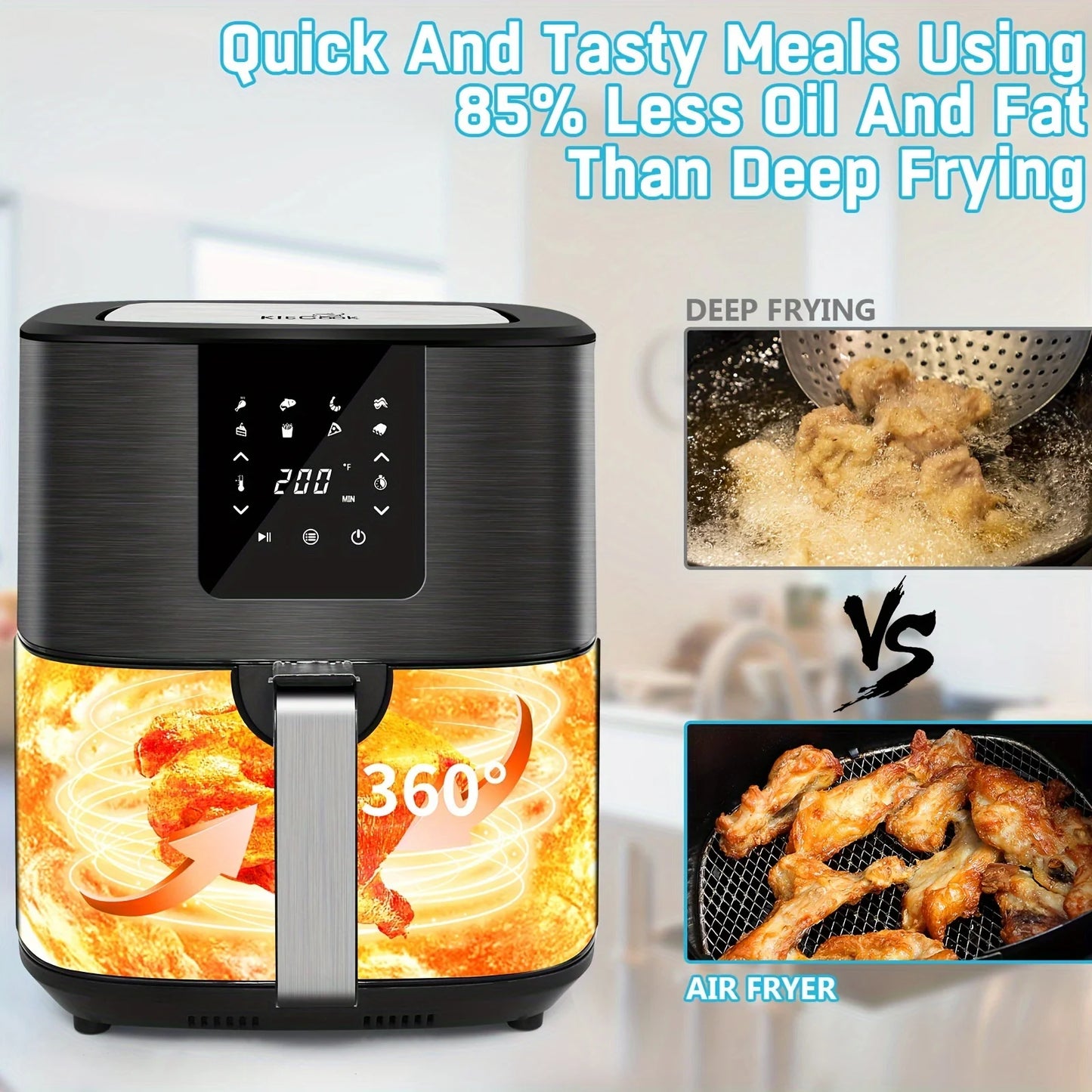 KitCook Large Air Fryer, 1500W 7QT AirFryer Cooker, Adjustable Temperature 100-400°F, 8 Presets Menu, Digital Touch Screen, Nons TechElect