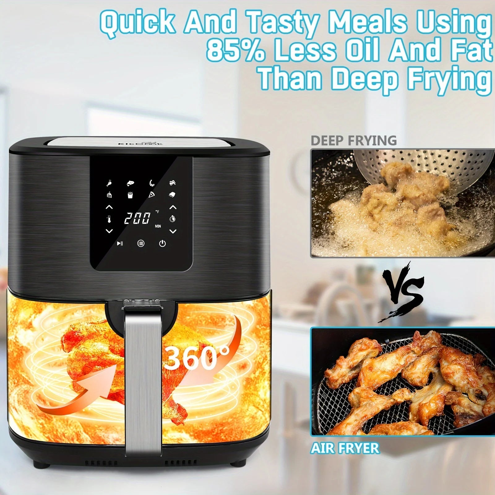 KitCook Large Air Fryer, 1500W 7QT AirFryer Cooker, Adjustable Temperature 100-400°F, 8 Presets Menu, Digital Touch Screen, Nons TechElect