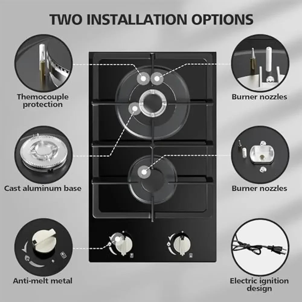 12" Gas Stove Propane Cooktop 2 Burner Stainless Steel Portable Gas Burner with Thermocouple Protection Lpg/Ng 3.3kW 1kW Power Techelectronicx